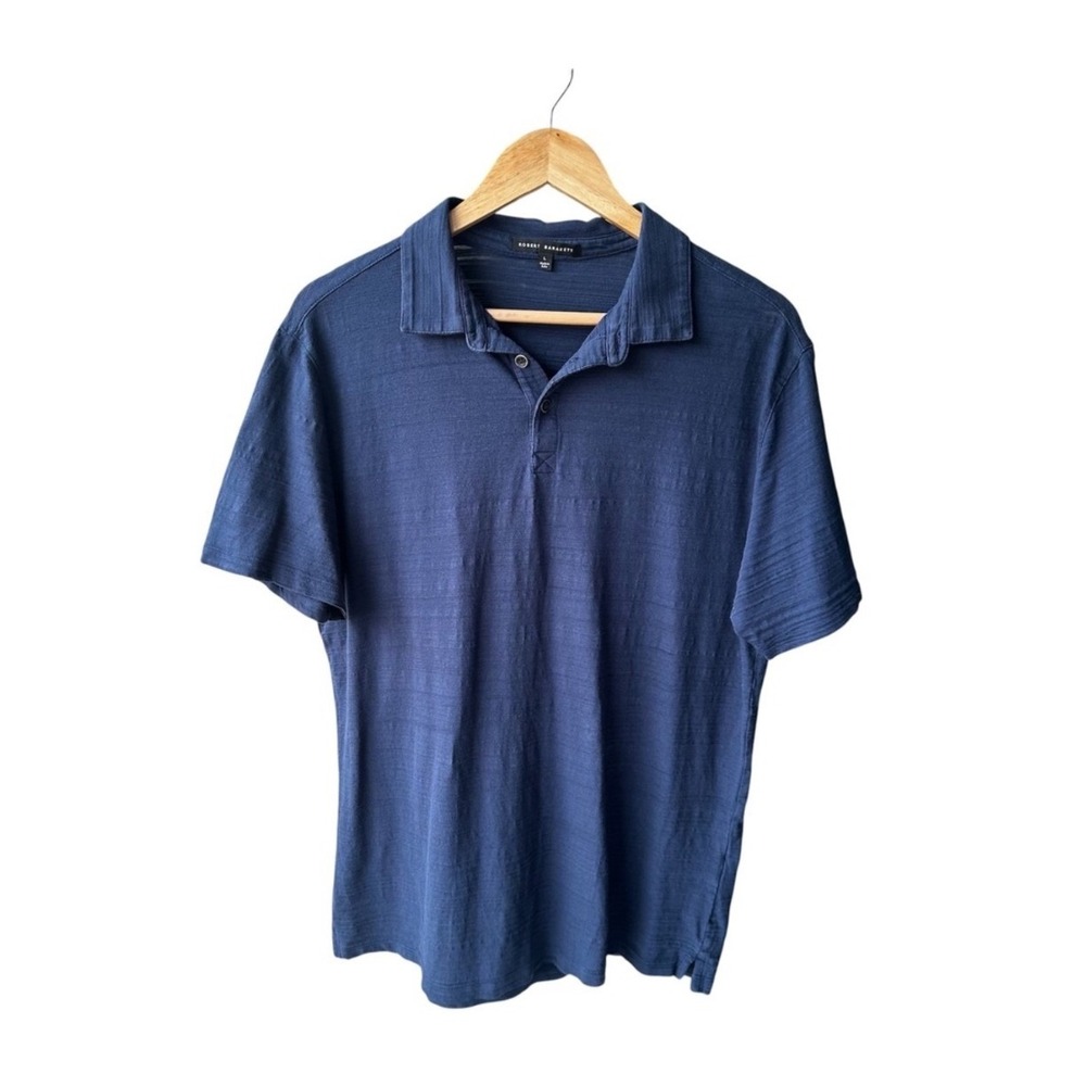 Robert Barakett Oscar Polo Shirt Top Navy Blue Textured Slub Cotton Mens Large